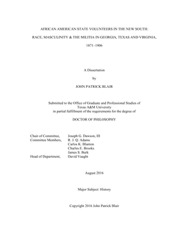 African American State Volunteers in the New South: Race, Masculinity & the Militia in Georgia, Texas and Virginia, 1871–