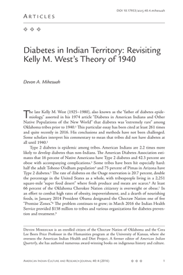 Diabetes in Indian Territory: Revisiting Kelly M. West's Theory of 1940