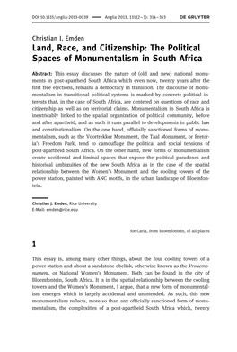 Land, Race, and Citizenship: the Political Spaces of Monumentalism in South Africa