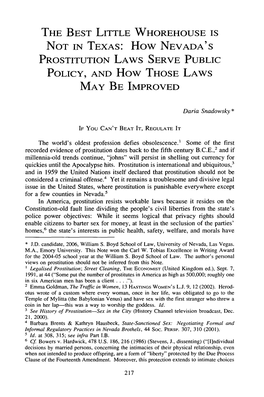 THE BEST LITTLE WHOREHOUSE IS NOT in TEXAS: How NEVADA's PROSTITUTION LAWS SERVE PUBLIC POLICY, and How THOSE LAWS MAY BE IMPROVED