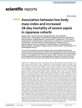 Association Between Low Body Mass Index and Increased 28-Day Mortality of Severe Sepsis in Japanese Cohorts