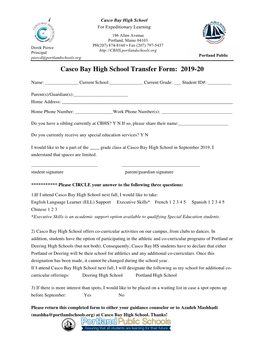 Casco Bay High School Transfer Form: 2019-20