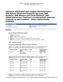 Software Withdrawal and Support Discontinuance: IBM Hybrid Cloud
