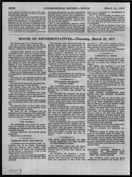 HOUSE of REPRESENTATIVES-Thursday, March 29, 1973 the House Met at 12 O'clock Noon