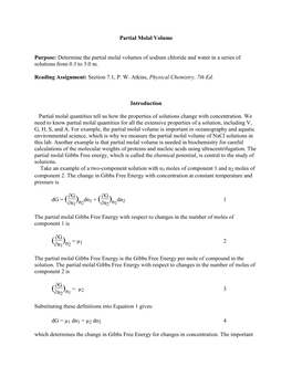 Determine the Partial Molal Volumes of Sodium Chloride and Water in a Series of Solutions from 0.3 to 3.0 M