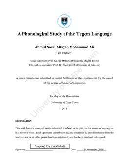 A Phonological Study of the Tegem Language Ahmed Sosal Altayeb