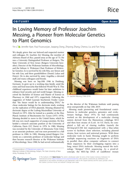 In Loving Memory of Professor Joachim Messing, a Pioneer From