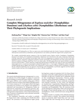 Complete Mitogenomes of Euploea Mulciber (Nymphalidae: Danainae) and Libythea Celtis (Nymphalidae: Libytheinae) and Their Phylogenetic Implications