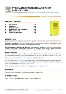 STOCHASTIC PROCESSES and THEIR APPLICATIONS an Official Journal of the Bernoulli Society for Mathematical Statistics and Probability