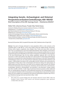 Integrating Genetic, Archaeological, and Historical Perspectives on Eastern Central Europe, 400–900 AD Brief Description of the ERC Synergy Grant – Histogenes 8564531