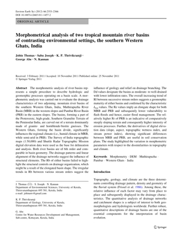 Morphometrical Analysis of Two Tropical Mountain River Basins of Contrasting Environmental Settings, the Southern Western Ghats, India