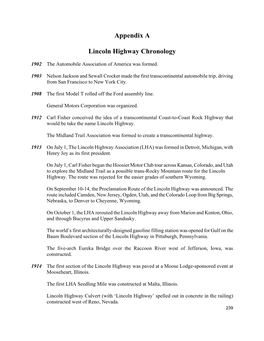 Lincoln Highway Chronology