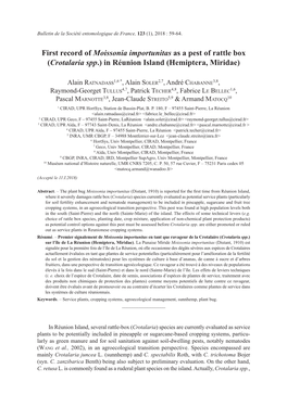 First Record of Moissonia Importunitas As a Pest of Rattle Box (Crotalaria Spp.) in Réunion Island (Hemiptera, Miridae)