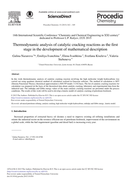 Thermodynamic Analysis of Catalytic Cracking Reactions As the First Stage in the Development of Mathematical Description