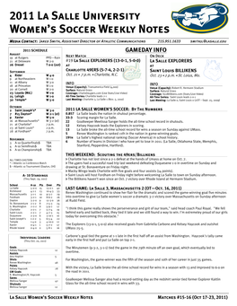 2011 La Salle University Women's Soccer Weekly Notes