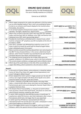 ONLINE QUIZ LEAGUE Questions Set by Tim Hall (Scatterbrains) for Use in Friendly Matches on 17/02/21