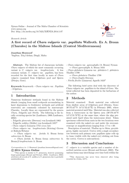 A First Record of Chara Vulgaris Var. Papillata Wallroth. Ex A. Braun (Charales) in the Maltese Islands (Central Mediterranean)