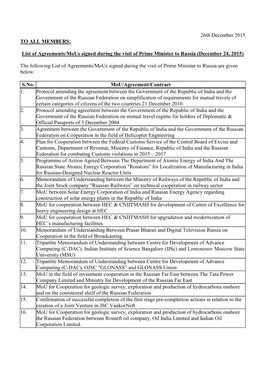 List of Agreements/Mous Signed During the Visit of Prime Minister to Russia (December 24, 2015)