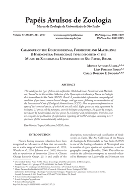 Catalogue of the Dolichoderinae, Formicinae and Martialinae (Hymenoptera: Formicidae) Types Deposited at the Museu De Zoologia Da Universidade De São Paulo, Brazil