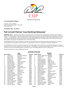 Fall Arnold Palmer Cup Ranking Released