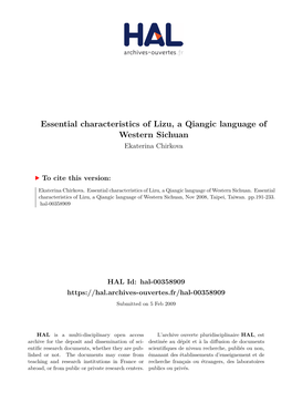 Essential Characteristics of Lizu, a Qiangic Language of Western Sichuan Ekaterina Chirkova