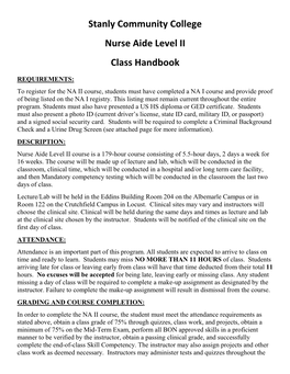 Stanly Community College Nurse Aide Level II Class Handbook