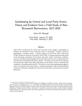 Gatekeeping by Central and Local Party Actors: Theory and Evidence from a Field Study of New Brunswick Nominations, 2017-2018