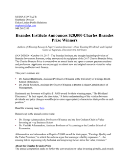 Brandes Institute Announces $20,000 Charles Brandes Prize Winners