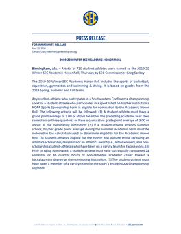 For Immediate Release 2019‐20 Winter Sec Academic