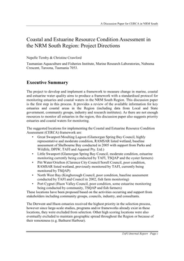 Coastal and Estuarine Resource Condition Assessment in the NRM South Region: Project Directions