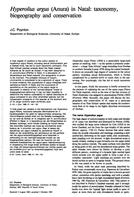 Hyperolius Argus (Anura) in Natal: Taxonomy, Biogeography and Conservation