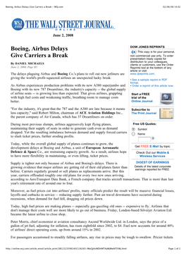 Boeing, Airbus Delays Give Carriers a Break - WSJ.Com 02/06/08 14:02