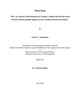 Master Thesis Title: an Analysis of the Rationale for Canada's Withdrawal