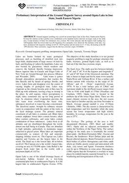 Preliminary Interpretation of the Ground Magnetic Survey Around Oguta Lake in Imo State, South Eastern Nigeria