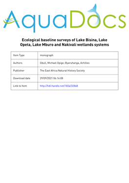 Ecological Baseline Surveys Of: Lake Bisina - Opeta Wetlands System Lake Mburo - Nakivali Wetlands System