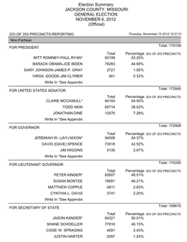 Election Summary JACKSON COUNTY, MISSOURI GENERAL ELECTION NOVEMBER 6, 2012 (Official)