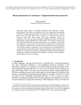 Rhyme Phonotactics in Taiwanese: a Dispersion-Theoretic Perspective*