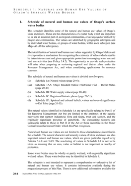 1. Schedule of Natural and Human Use Values of Otago's Surface Water