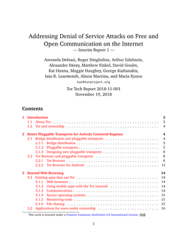 Addressing Denial of Service Attacks on Free and Open Communication on the Internet — Interim Report 1 —