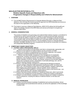 NICU ELECTIVE ROTATION for FY3 Rotation Specific Goals and Objectives with Progressive Changes in Responsibility and Criteria for Advancement