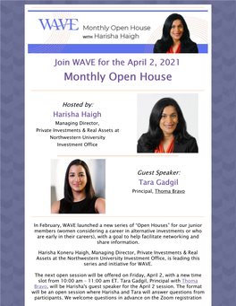 Join WAVE for the April 2, 2021 Monthly Open House