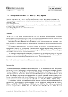 The Trichoptera Fauna of the Oja River (La Rioja, Spain)