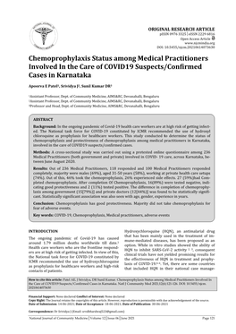 Chemoprophylaxis Status Among Medical Practitioners Involved in the Care of COVID19 Suspects/Confirmed Cases in Karnataka