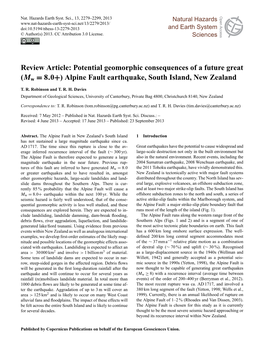 Review Article: Potential Geomorphic Consequences of a Future Great (Mw = 8.0+) Alpine Fault Earthquake, South Island, New Zealand