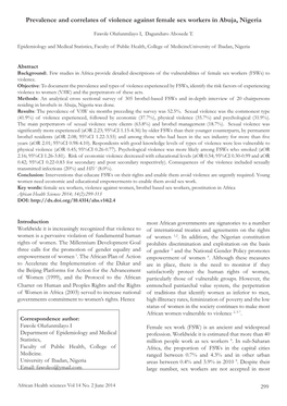 Prevalence and Correlates of Violence Against Female Sex Workers in Abuja, Nigeria