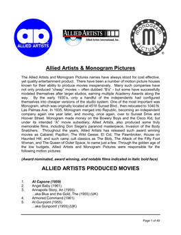 Allied Artists & Monogram Pictures Historical* Resume