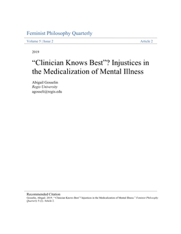 “Clinician Knows Best”? Injustices in the Medicalization of Mental Illness