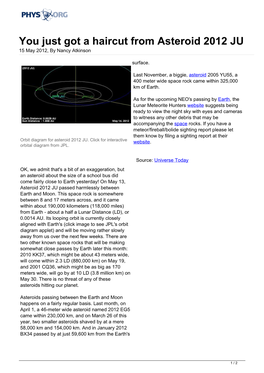 You Just Got a Haircut from Asteroid 2012 JU 15 May 2012, by Nancy Atkinson