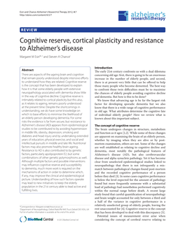 Cognitive Reserve, Cortical Plasticity and Resistance to Alzheimer's Disease