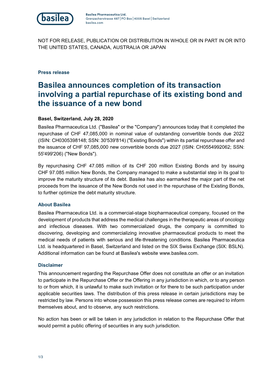 Basilea Announces Completion of Its Transaction Involving a Partial Repurchase of Its Existing Bond and the Issuance of a New Bond